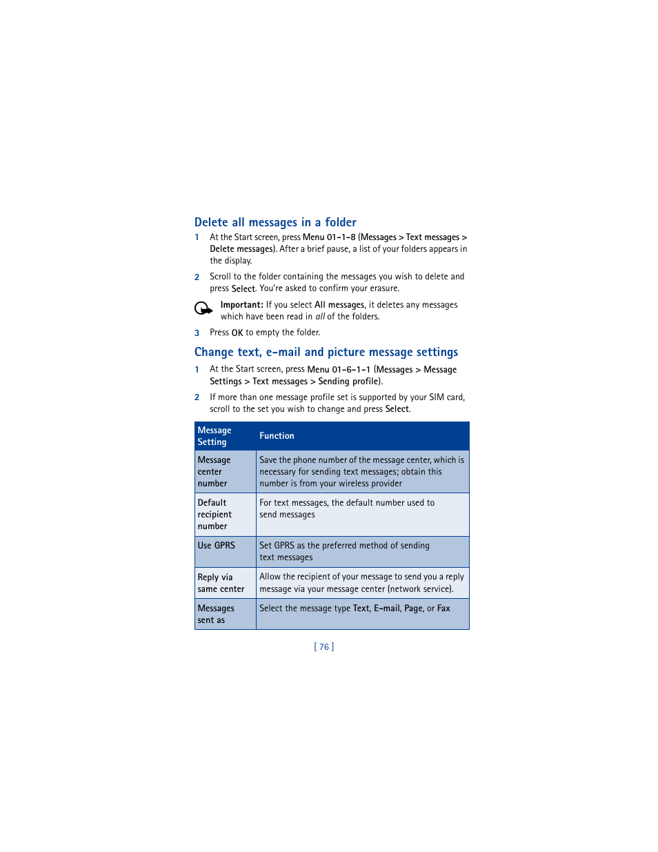 Delete all messages in a folder, Change text, e-mail and picture message settings | Nokia 6610 User Manual | Page 85 / 185