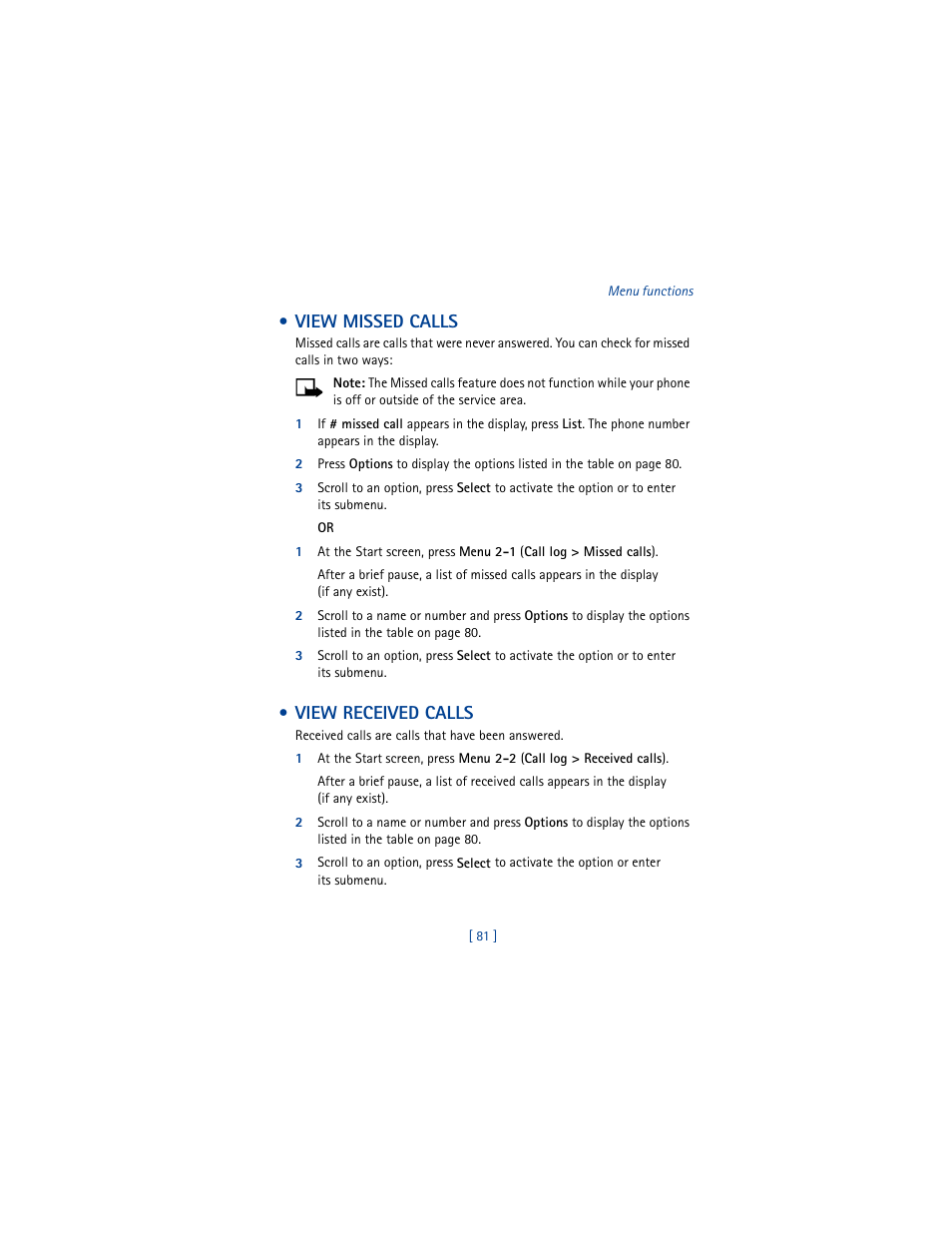 View missed calls, View received calls, View missed calls view received calls | Nokia 6610 User Manual | Page 90 / 185
