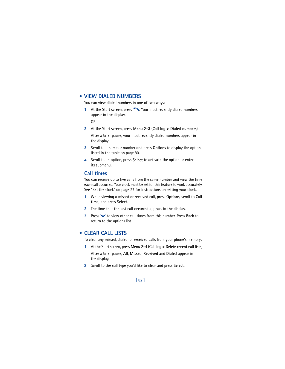 View dialed numbers, Clear call lists, 2 clear call lists | Nokia 6610 User Manual | Page 91 / 185
