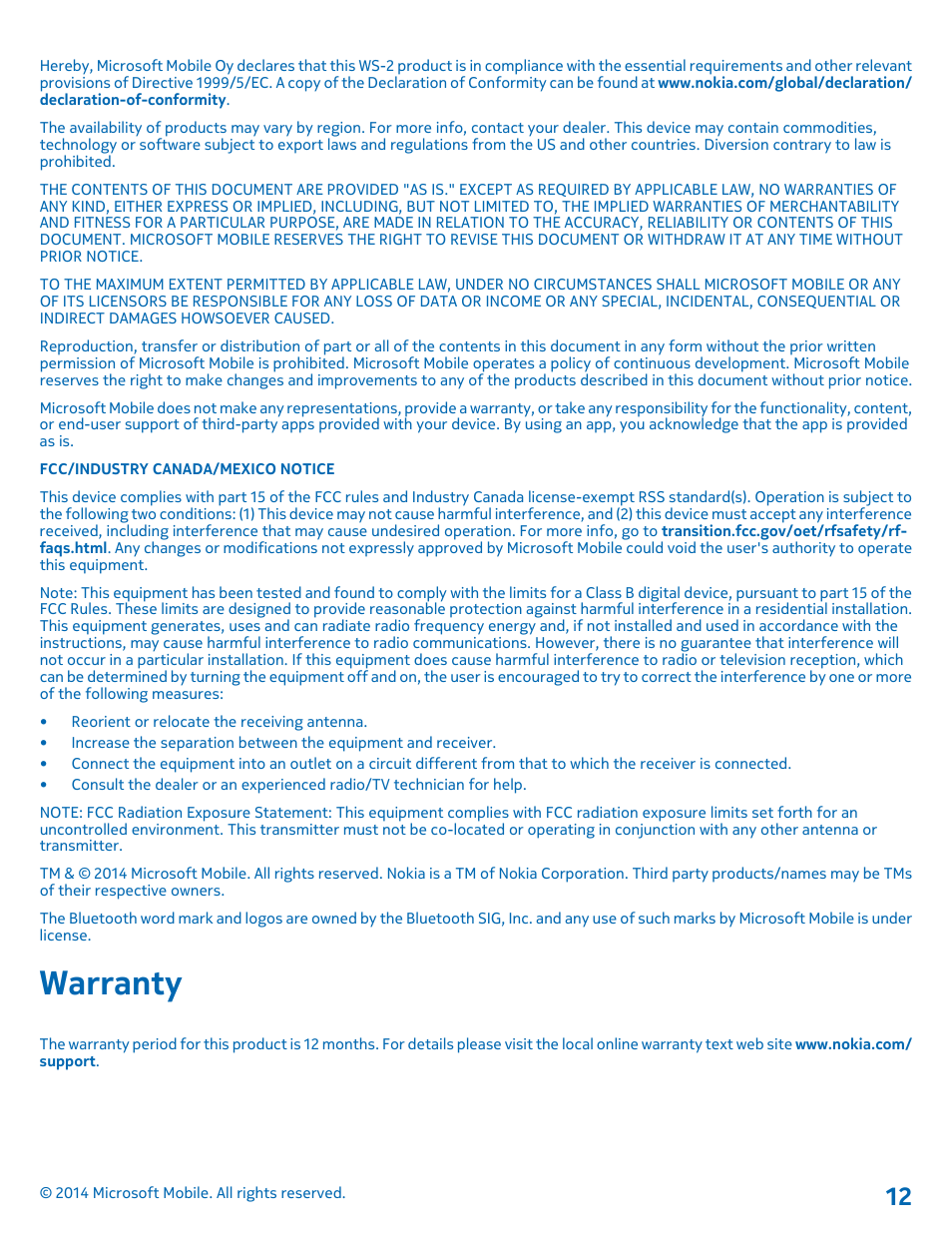Warranty | Nokia WS-2 User Manual | Page 12 / 12