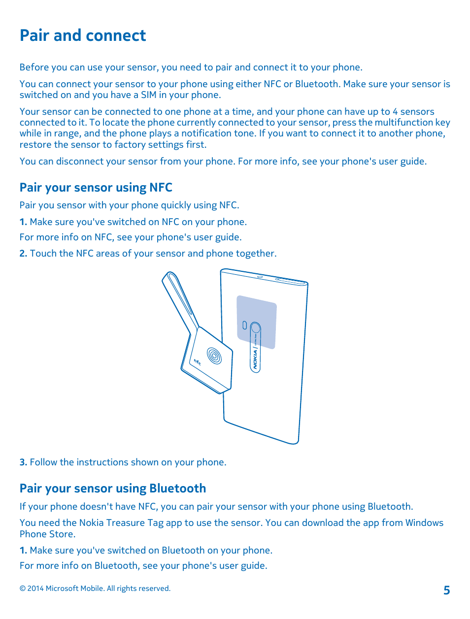 Pair and connect, Pair your sensor using nfc, Pair your sensor using bluetooth | Nokia WS-2 User Manual | Page 5 / 12