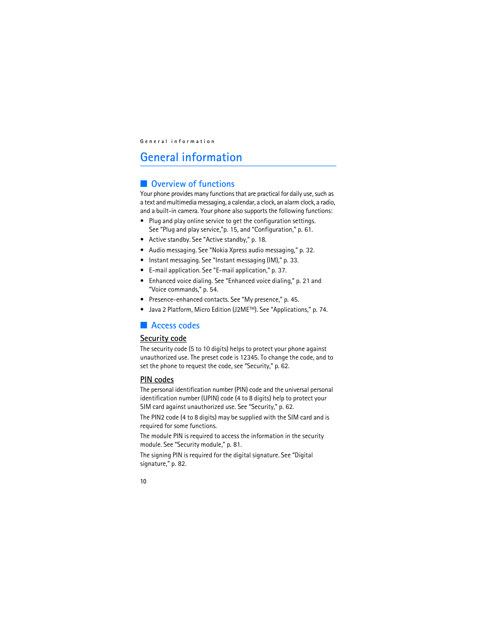 General information, Overview of functions, Access codes | Overview of functions access codes | Nokia 7370 User Manual | Page 11 / 201