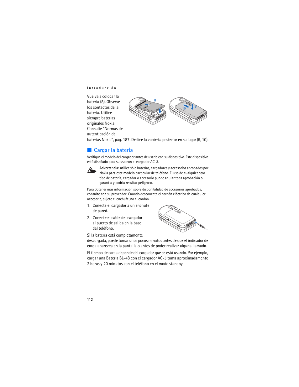 Cargar la batería | Nokia 7370 User Manual | Page 113 / 201