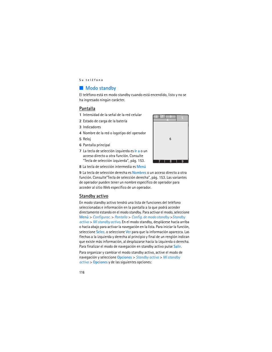 Modo standby, Standby activo | Nokia 7370 User Manual | Page 117 / 201