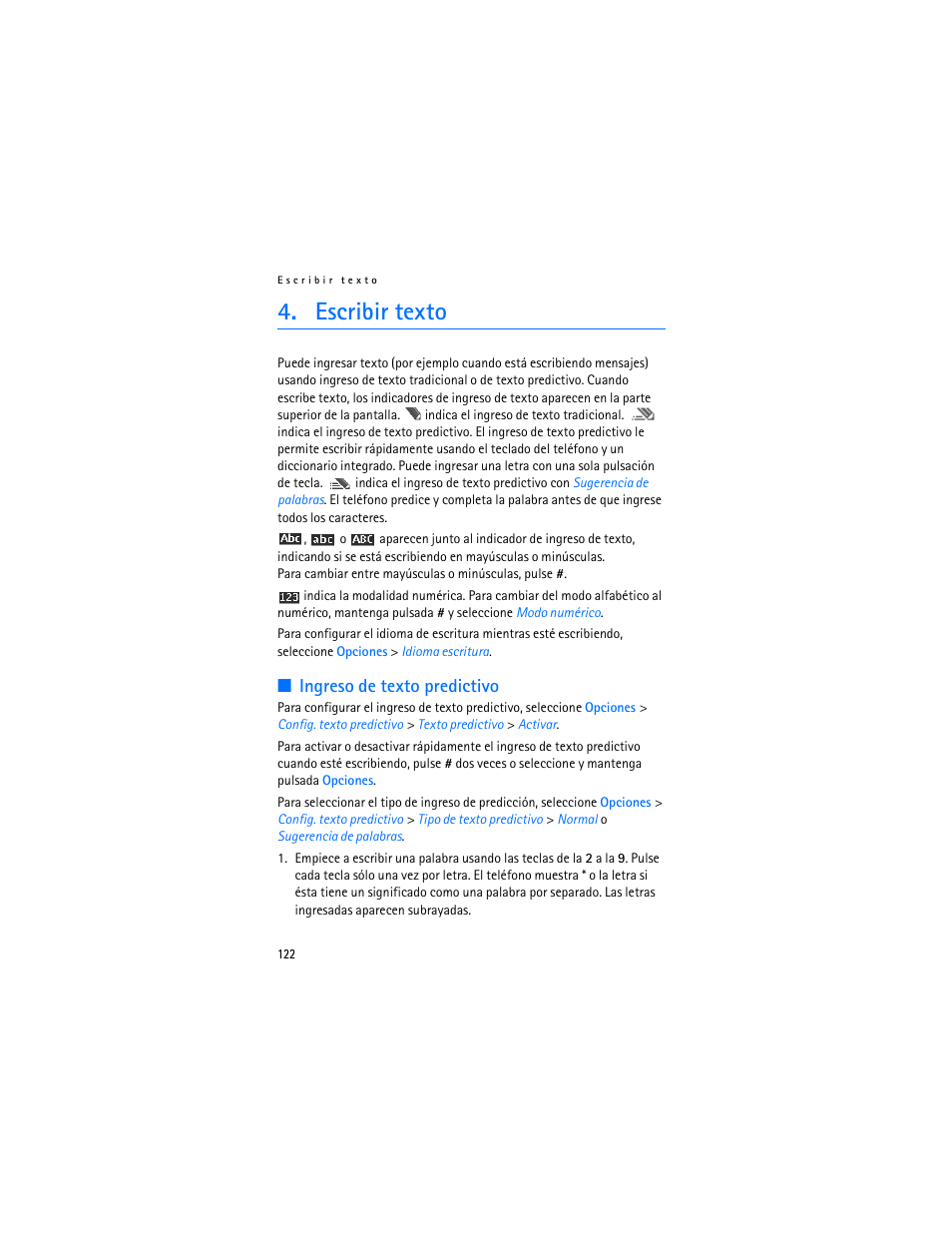 Escribir texto, Ingreso de texto predictivo | Nokia 7370 User Manual | Page 123 / 201