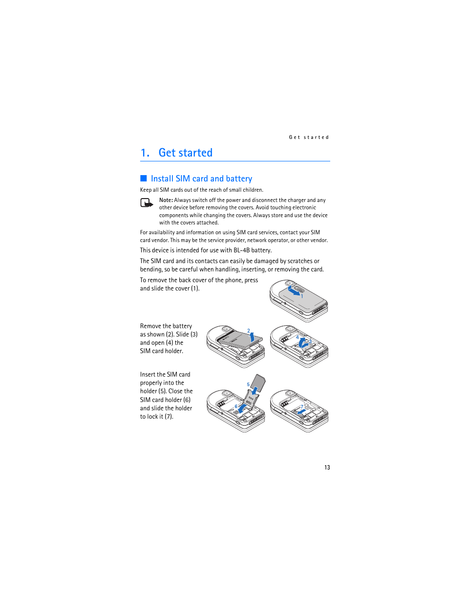 Get started, Install sim card and battery | Nokia 7370 User Manual | Page 14 / 201