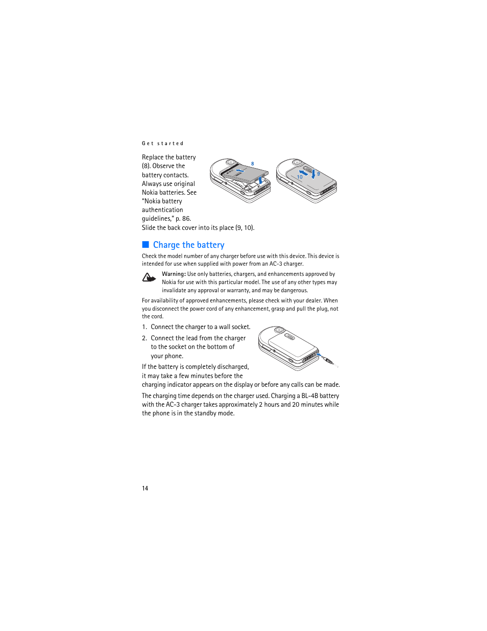 Charge the battery | Nokia 7370 User Manual | Page 15 / 201