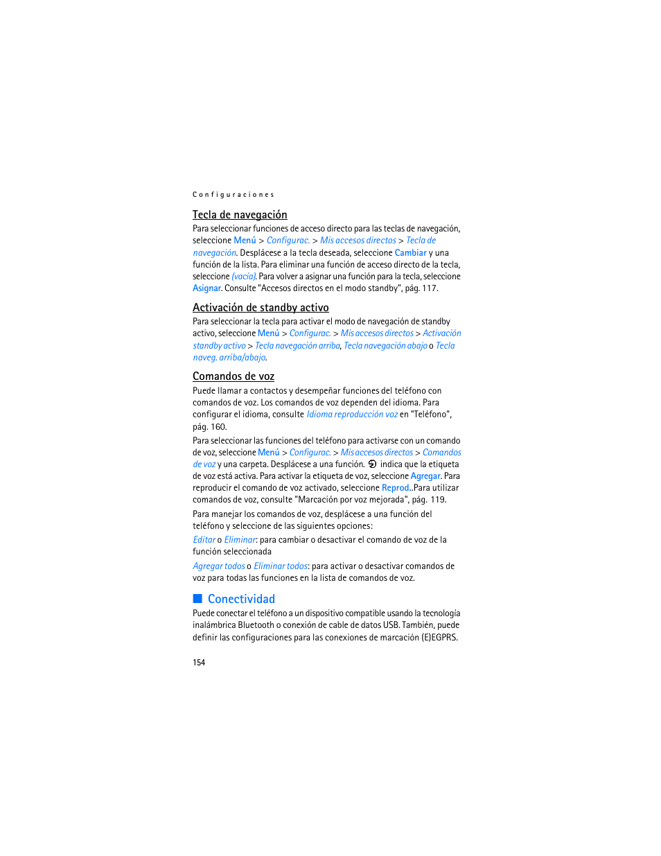 Conectividad, Comandos de voz, Activación de standby activo", pá | Nokia 7370 User Manual | Page 155 / 201