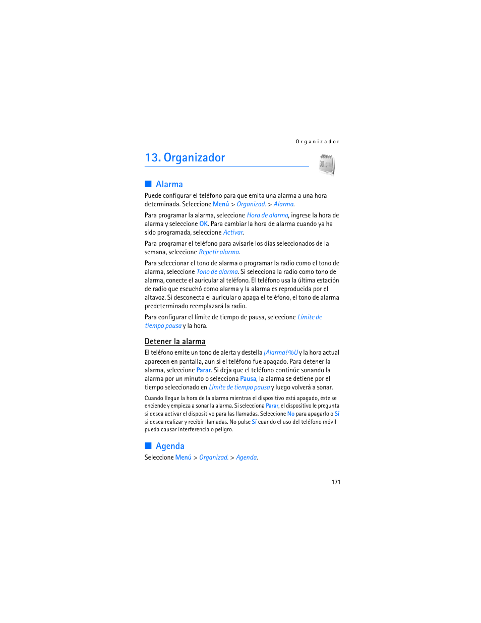 Organizador, Alarma, Agenda | Alarma agenda | Nokia 7370 User Manual | Page 172 / 201