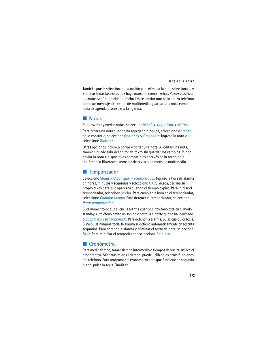 Notas, Temporizador, Cronómetro | Notas temporizador cronómetro | Nokia 7370 User Manual | Page 174 / 201