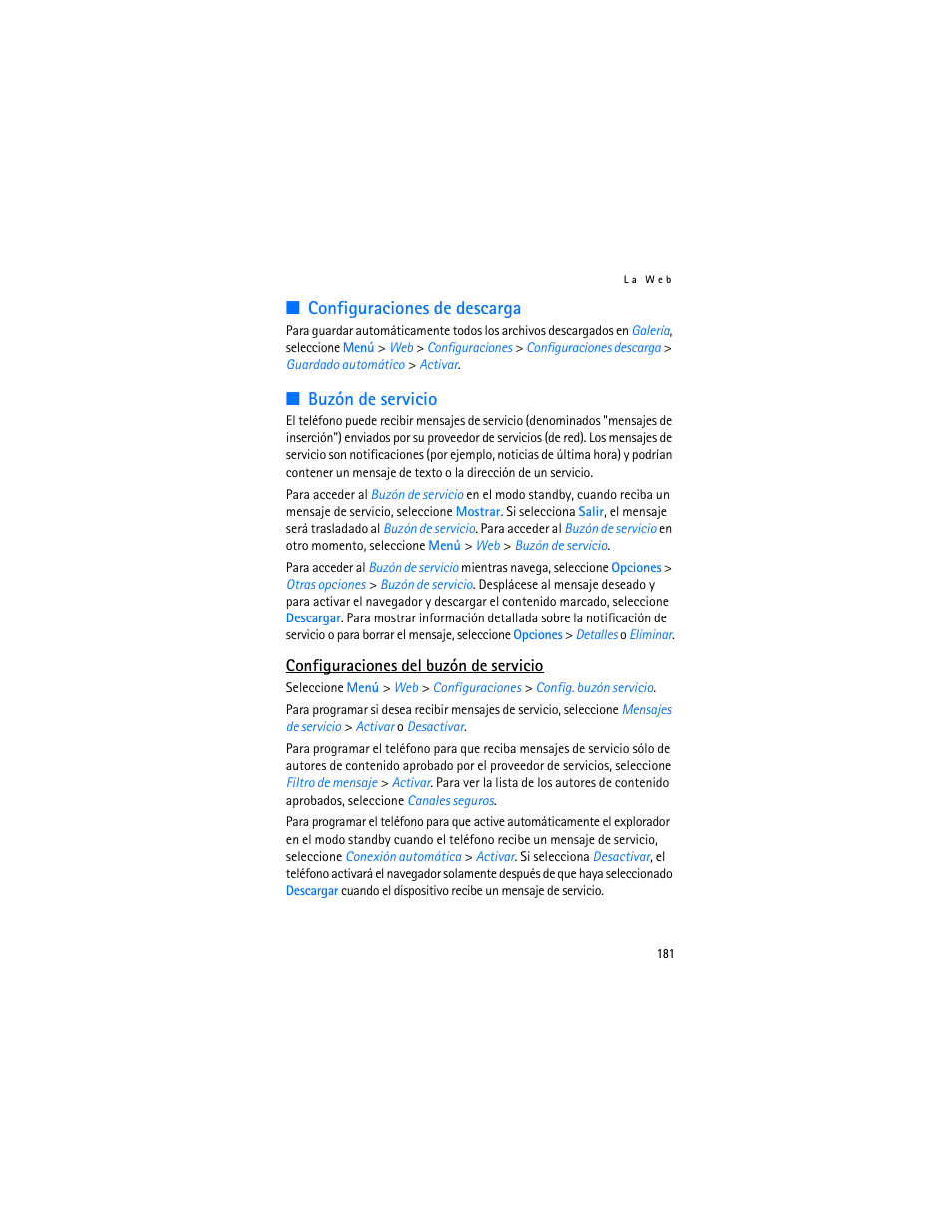 Configuraciones de descarga, Buzón de servicio, Configuraciones de descarga buzón de servicio | Nokia 7370 User Manual | Page 182 / 201