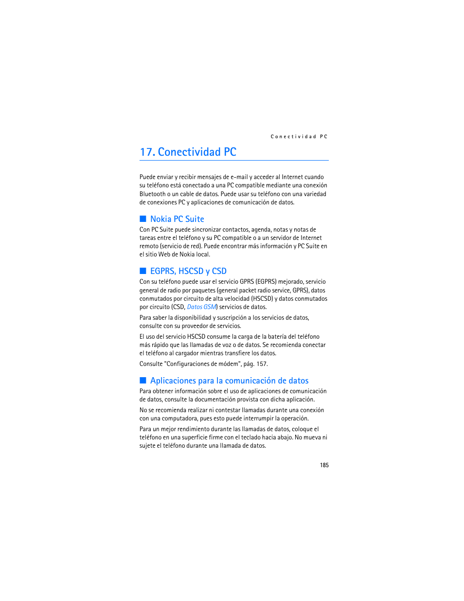 Conectividad pc, Nokia pc suite, Egprs, hscsd y csd | Aplicaciones para la comunicación de datos | Nokia 7370 User Manual | Page 186 / 201