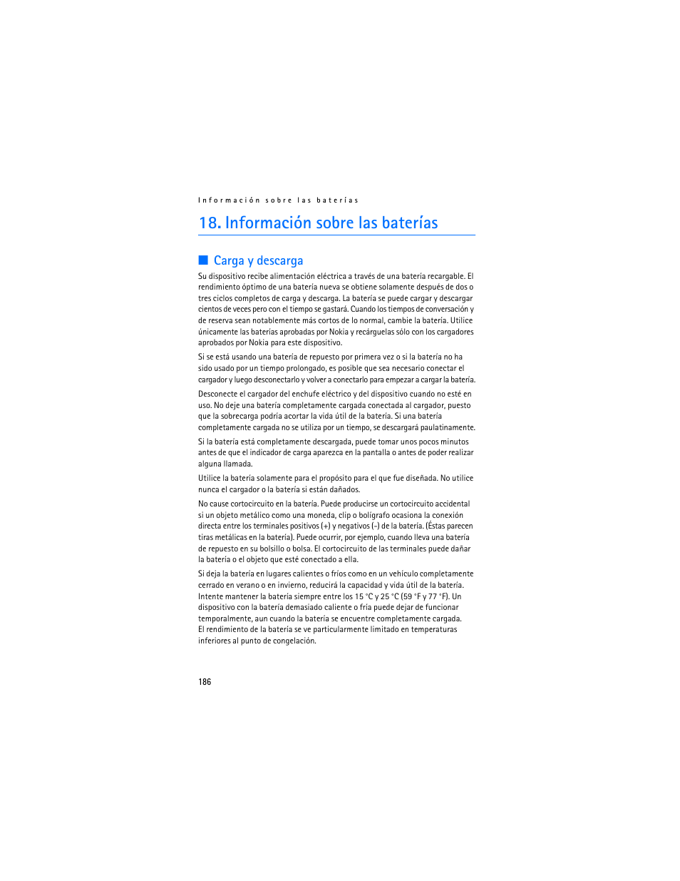 Información sobre las baterías, Carga y descarga, Información sobre | Las baterías | Nokia 7370 User Manual | Page 187 / 201