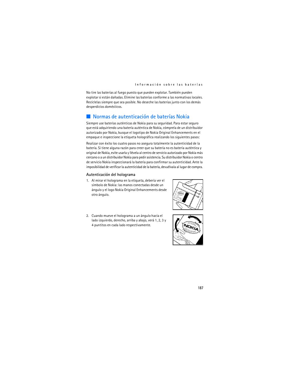Normas de autenticación de baterías nokia | Nokia 7370 User Manual | Page 188 / 201