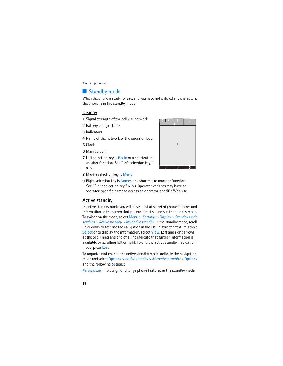 Standby mode, E “active standby,” p. 18 | Nokia 7370 User Manual | Page 19 / 201