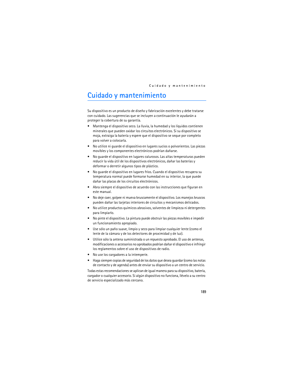 Cuidado y mantenimiento | Nokia 7370 User Manual | Page 190 / 201