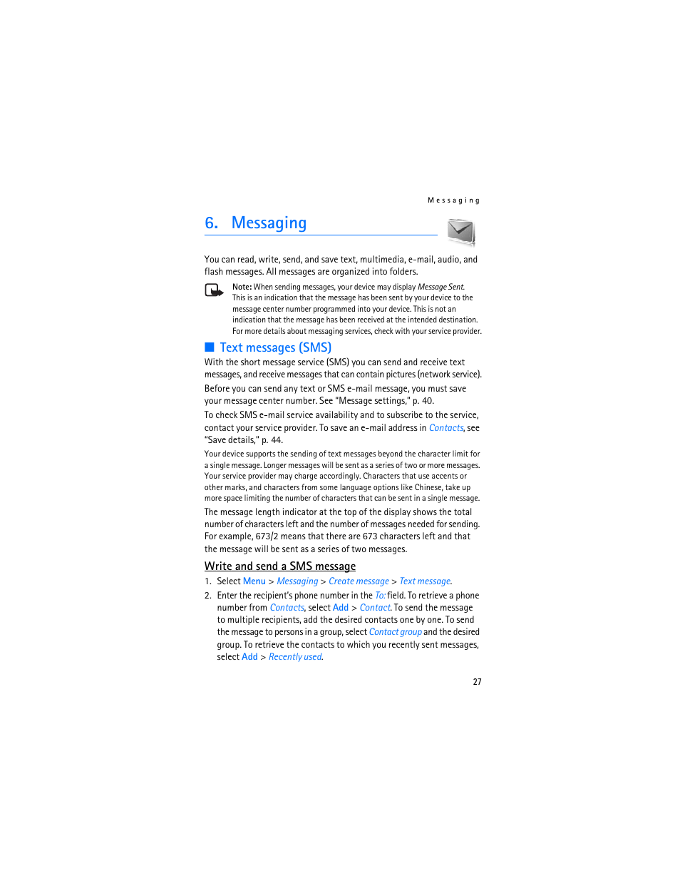 Messaging, Text messages (sms) | Nokia 7370 User Manual | Page 28 / 201