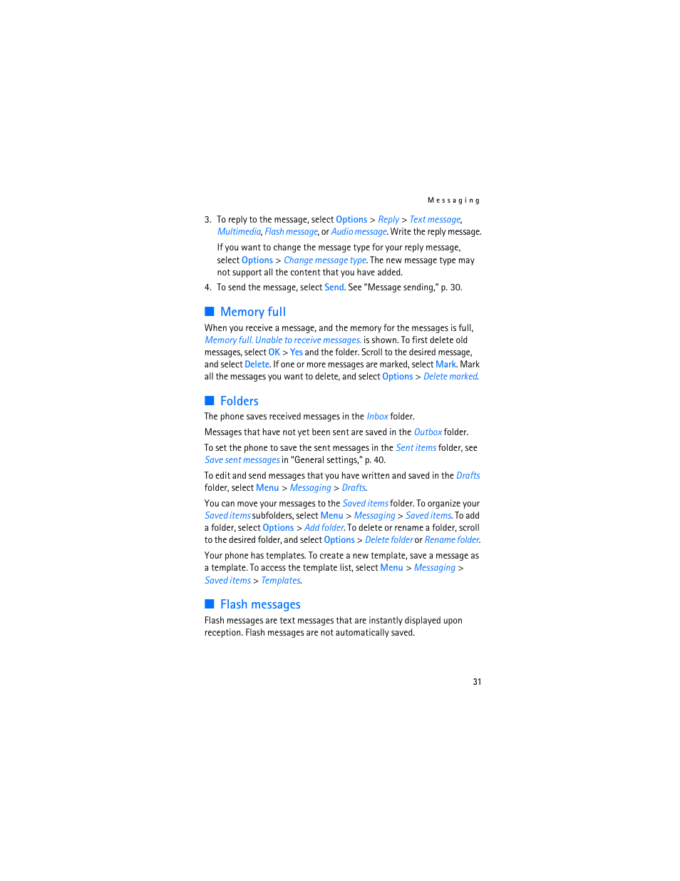 Memory full, Folders, Flash messages | Memory full folders flash messages | Nokia 7370 User Manual | Page 32 / 201