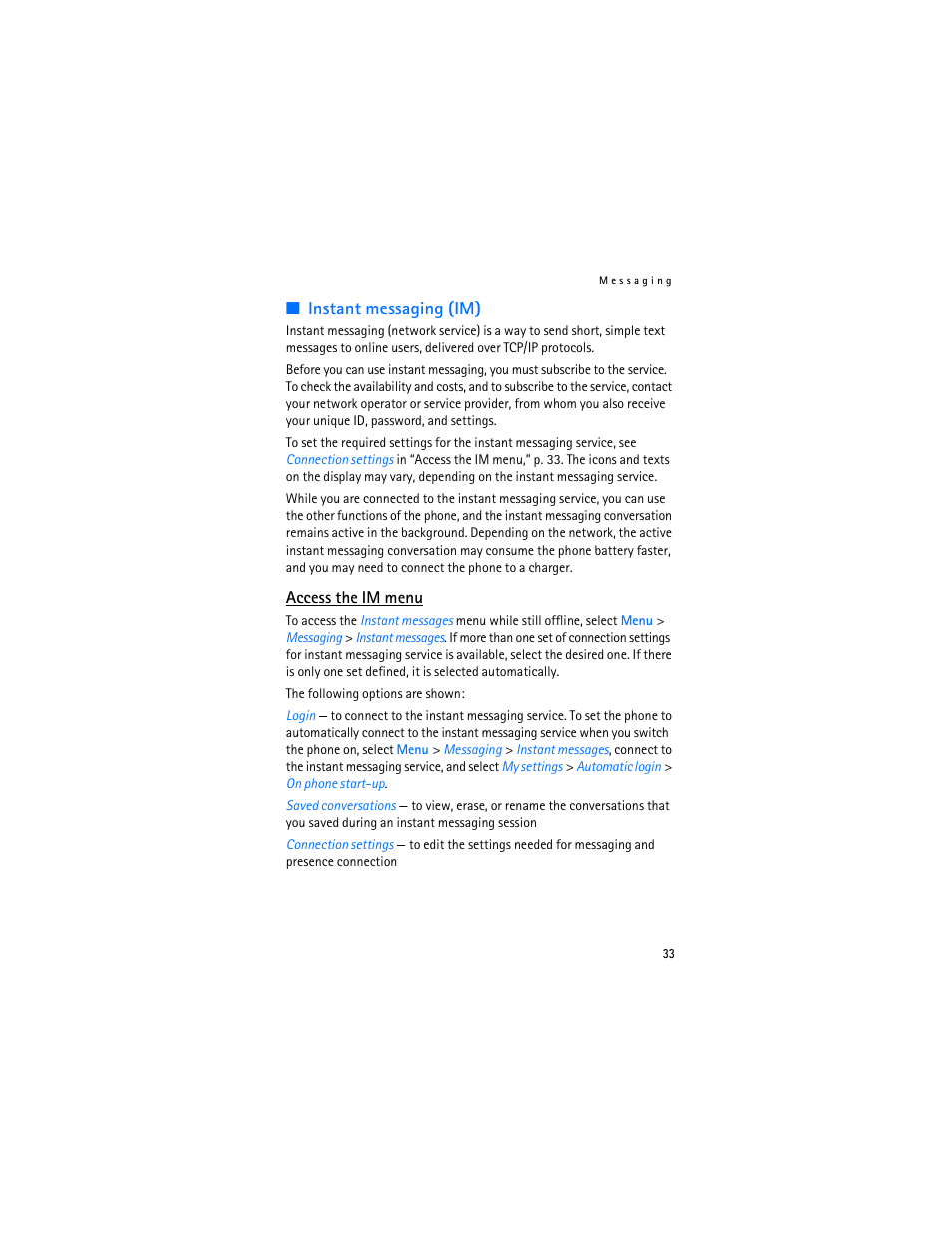 Instant messaging (im), G. see “instant messaging (im) | Nokia 7370 User Manual | Page 34 / 201