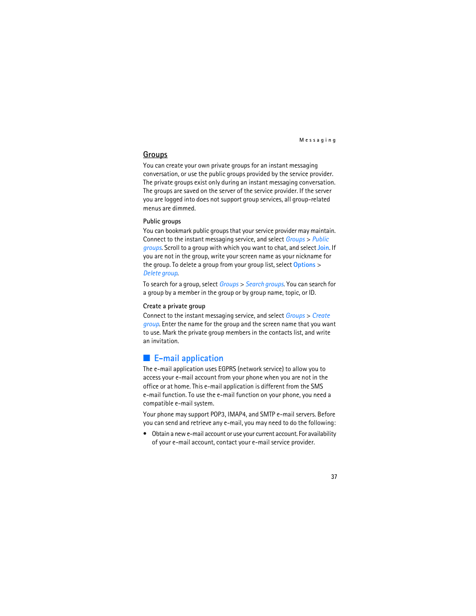 E-mail application, E “e-mail application,” p. 37, P. see “groups,” p. 37 | Nokia 7370 User Manual | Page 38 / 201