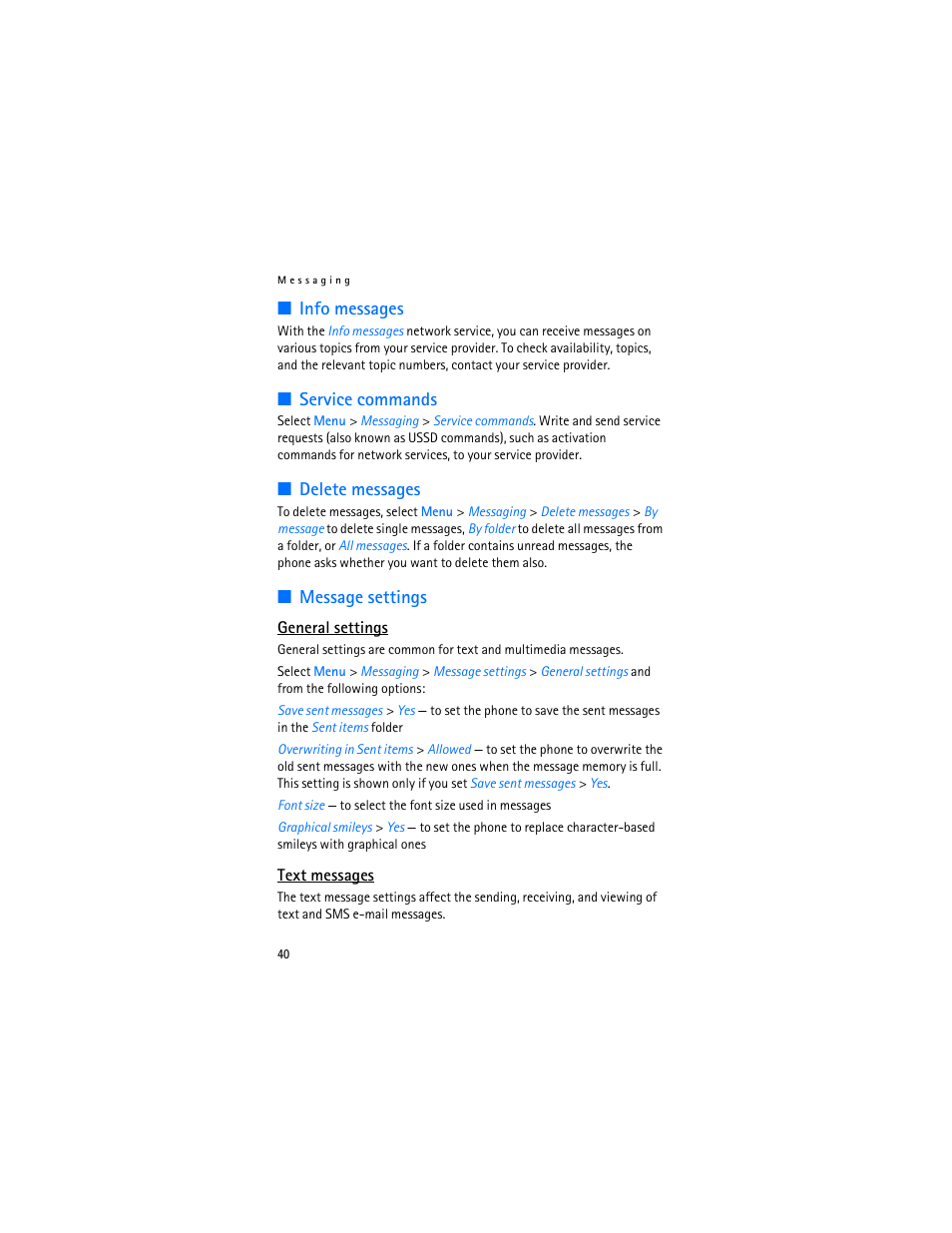Info messages, Service commands, Delete messages | Message settings | Nokia 7370 User Manual | Page 41 / 201