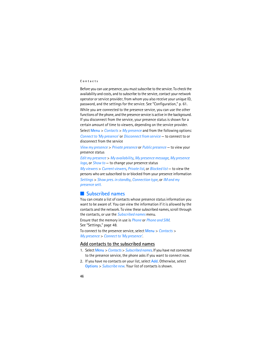Subscribed names | Nokia 7370 User Manual | Page 47 / 201