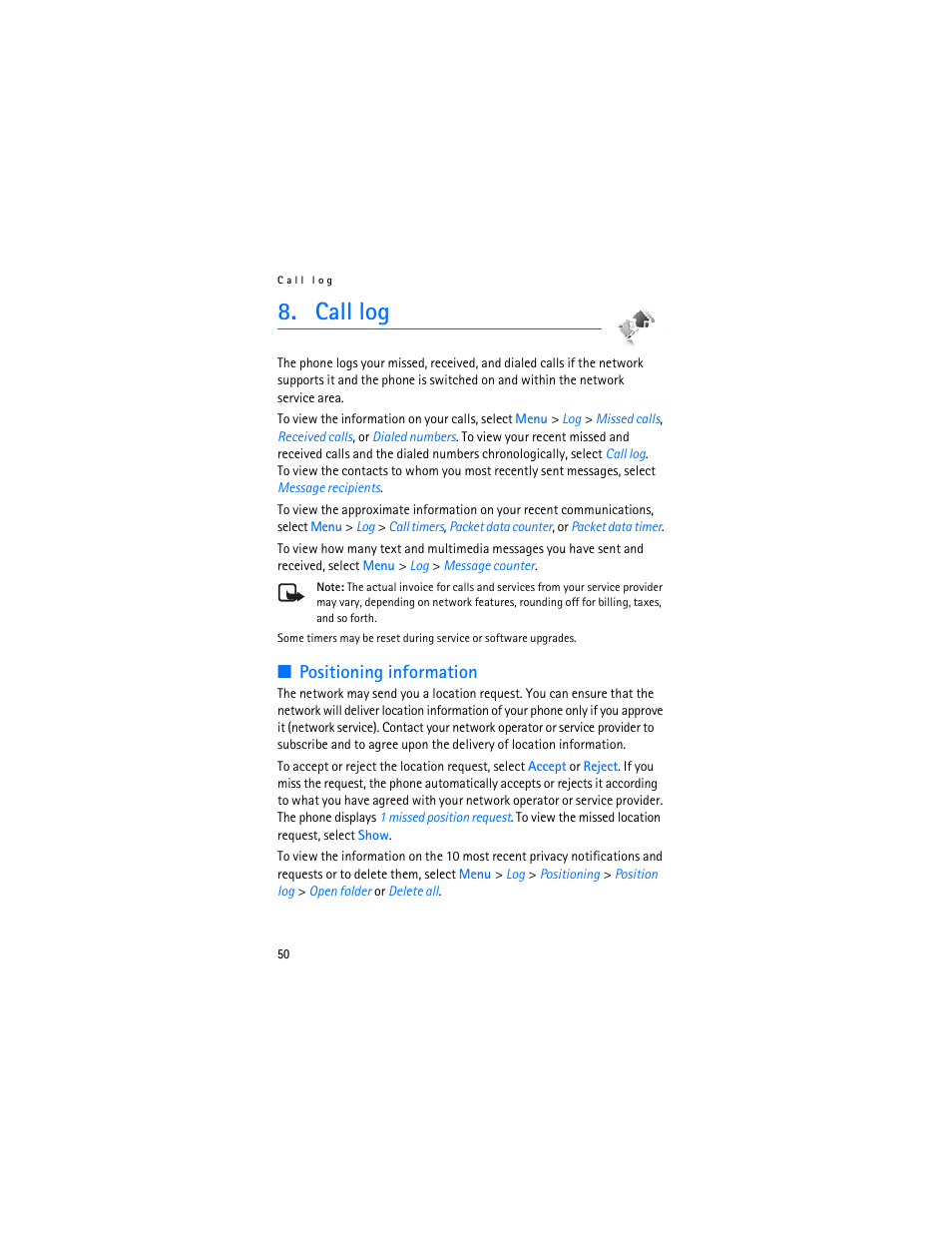 Call log, Positioning information | Nokia 7370 User Manual | Page 51 / 201