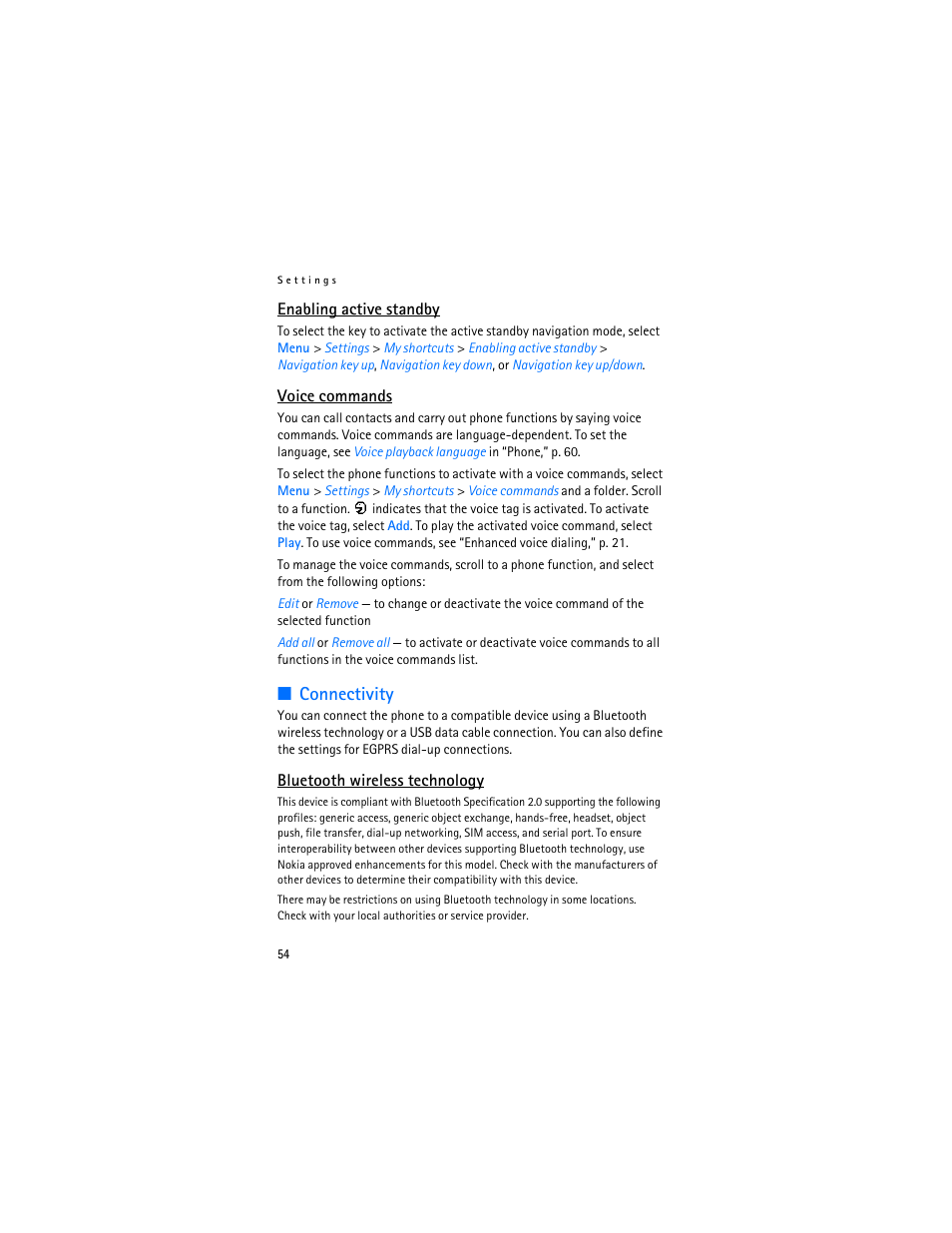 Connectivity, Voice commands,” p. 54, Enabling active standby,” p | Nokia 7370 User Manual | Page 55 / 201