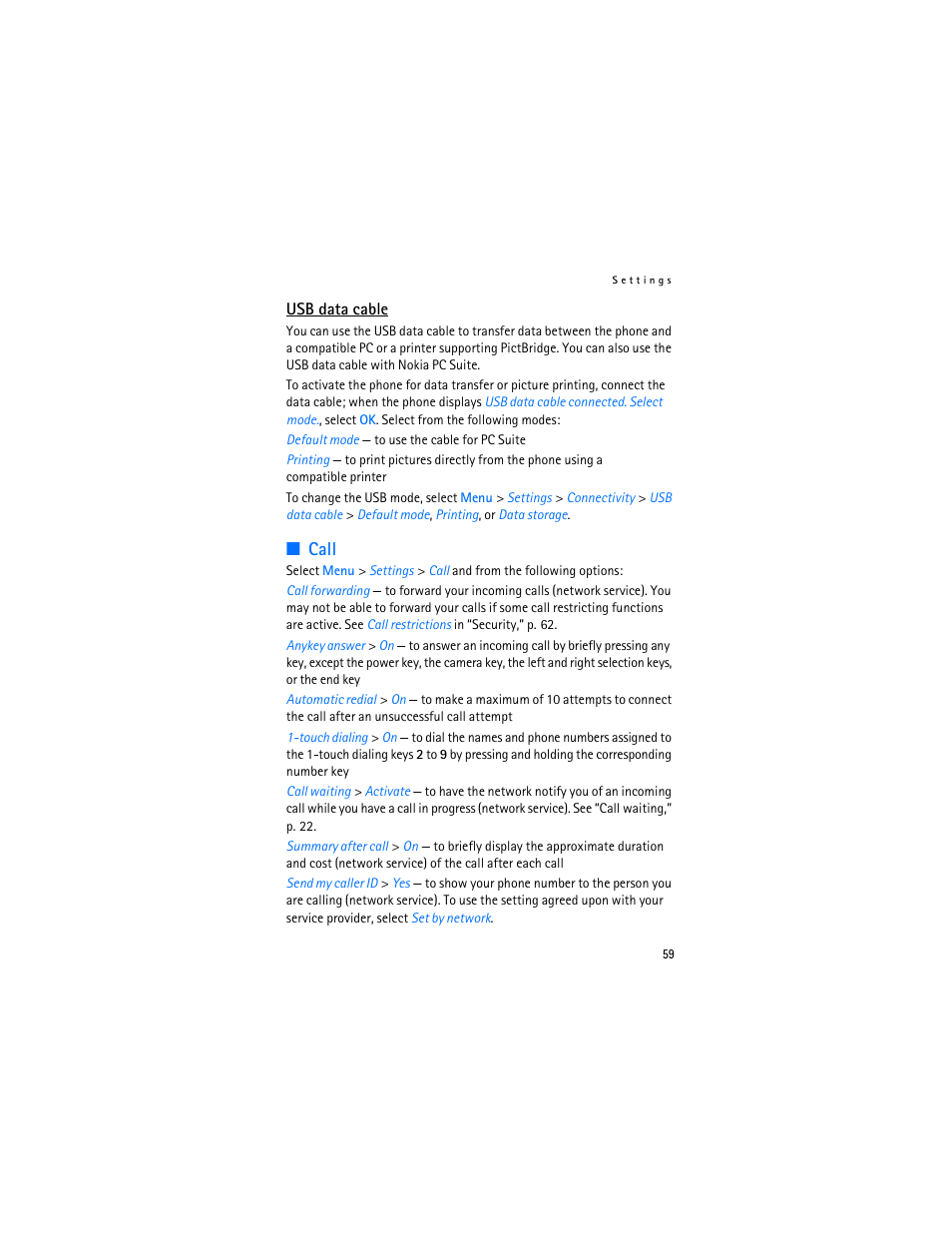 Call, E “call | Nokia 7370 User Manual | Page 60 / 201