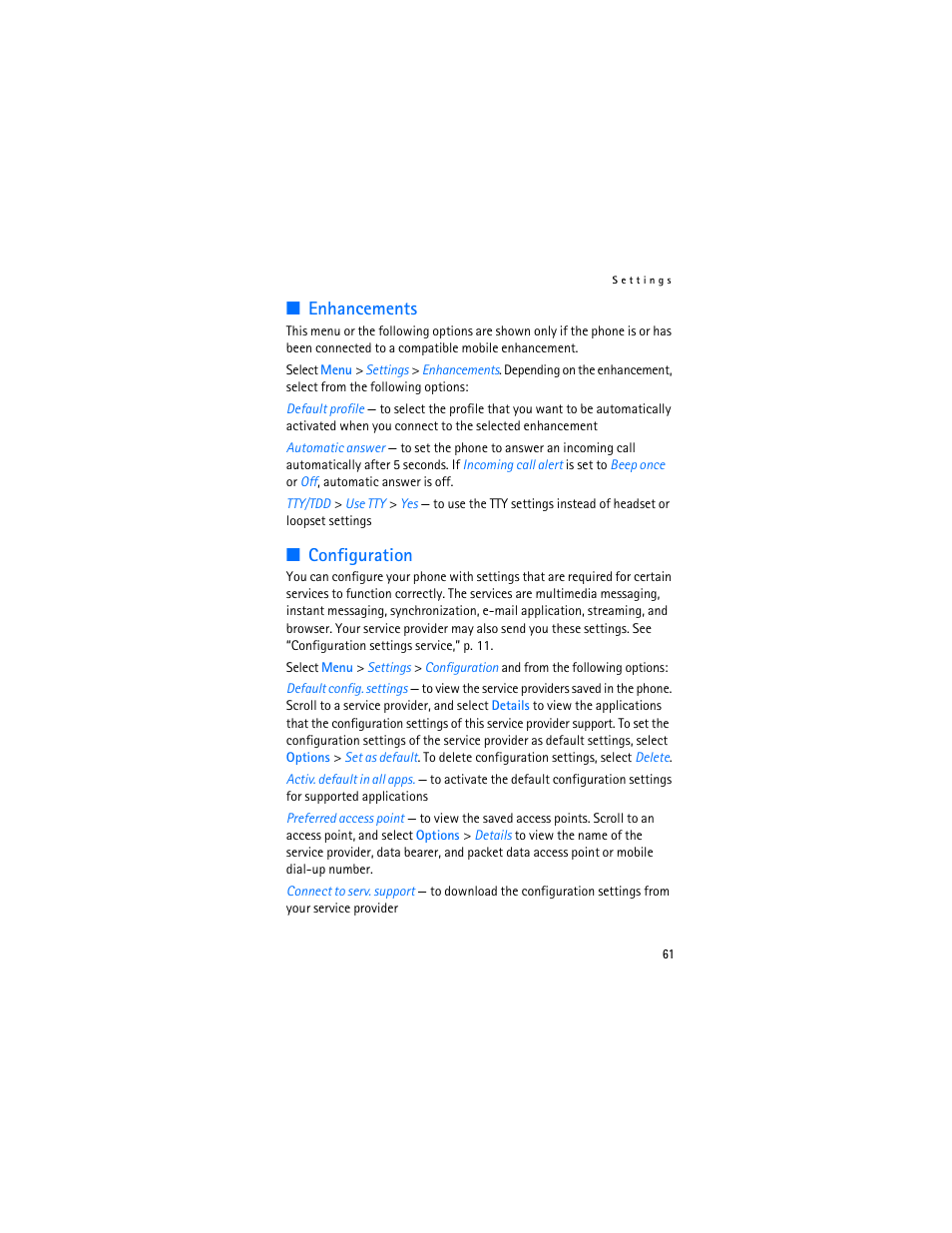 Enhancements, Configuration, Enhancements configuration | D “configuration, Lly. see “configuration, E “configuration | Nokia 7370 User Manual | Page 62 / 201