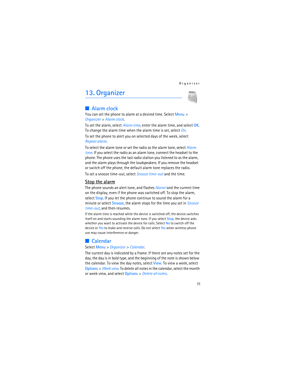 Organizer, Alarm clock, Calendar | Alarm clock calendar | Nokia 7370 User Manual | Page 72 / 201