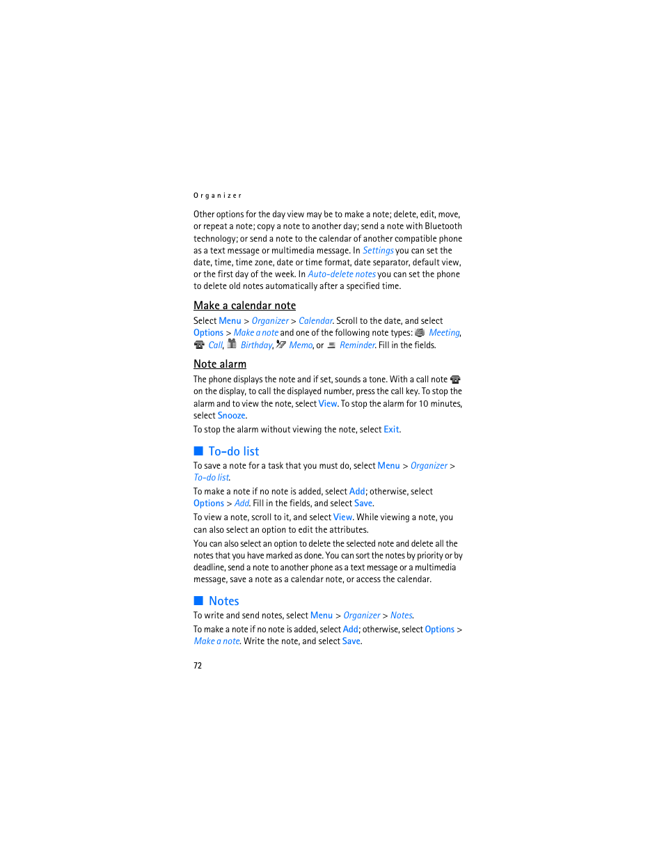 To-do list, Notes, To-do list notes | Nokia 7370 User Manual | Page 73 / 201
