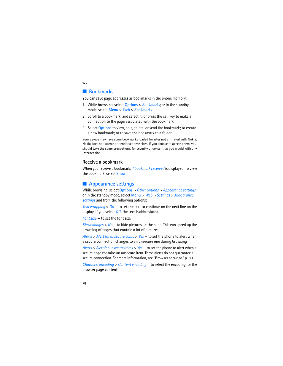 Bookmarks, Appearance settings, Bookmarks appearance settings | Nokia 7370 User Manual | Page 79 / 201