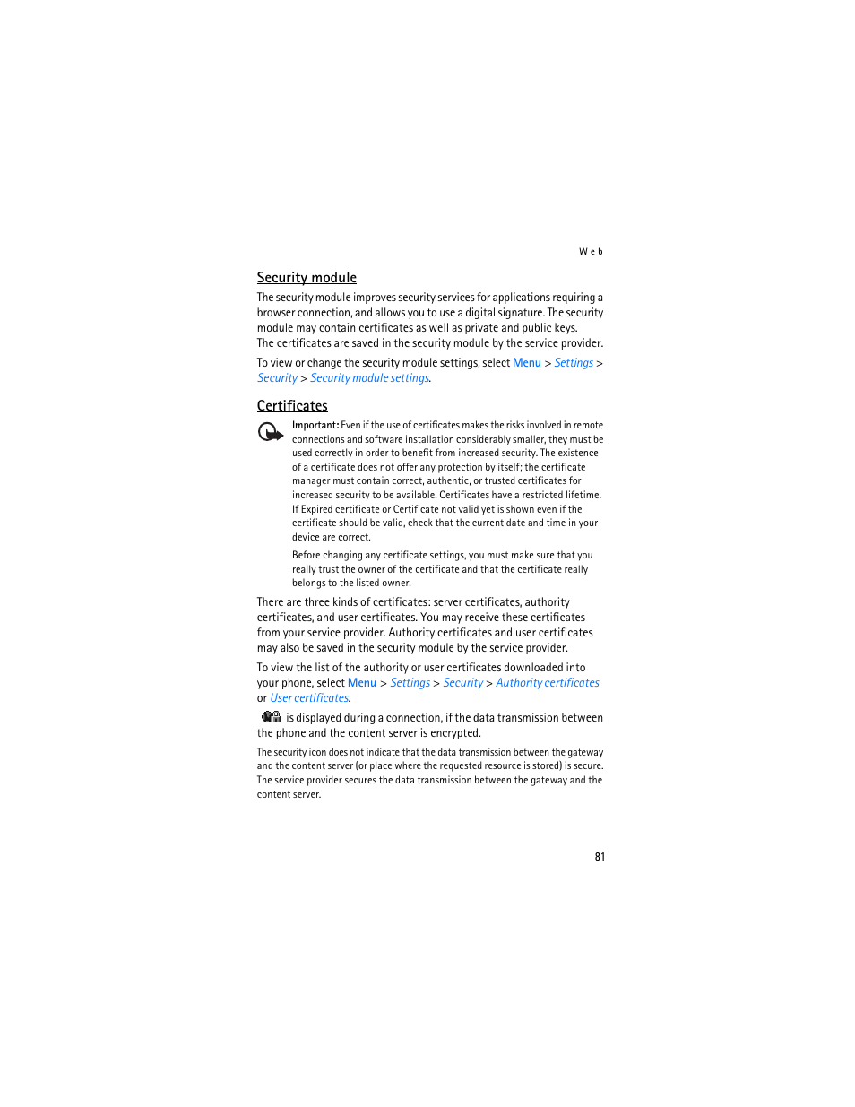 Security module | Nokia 7370 User Manual | Page 82 / 201
