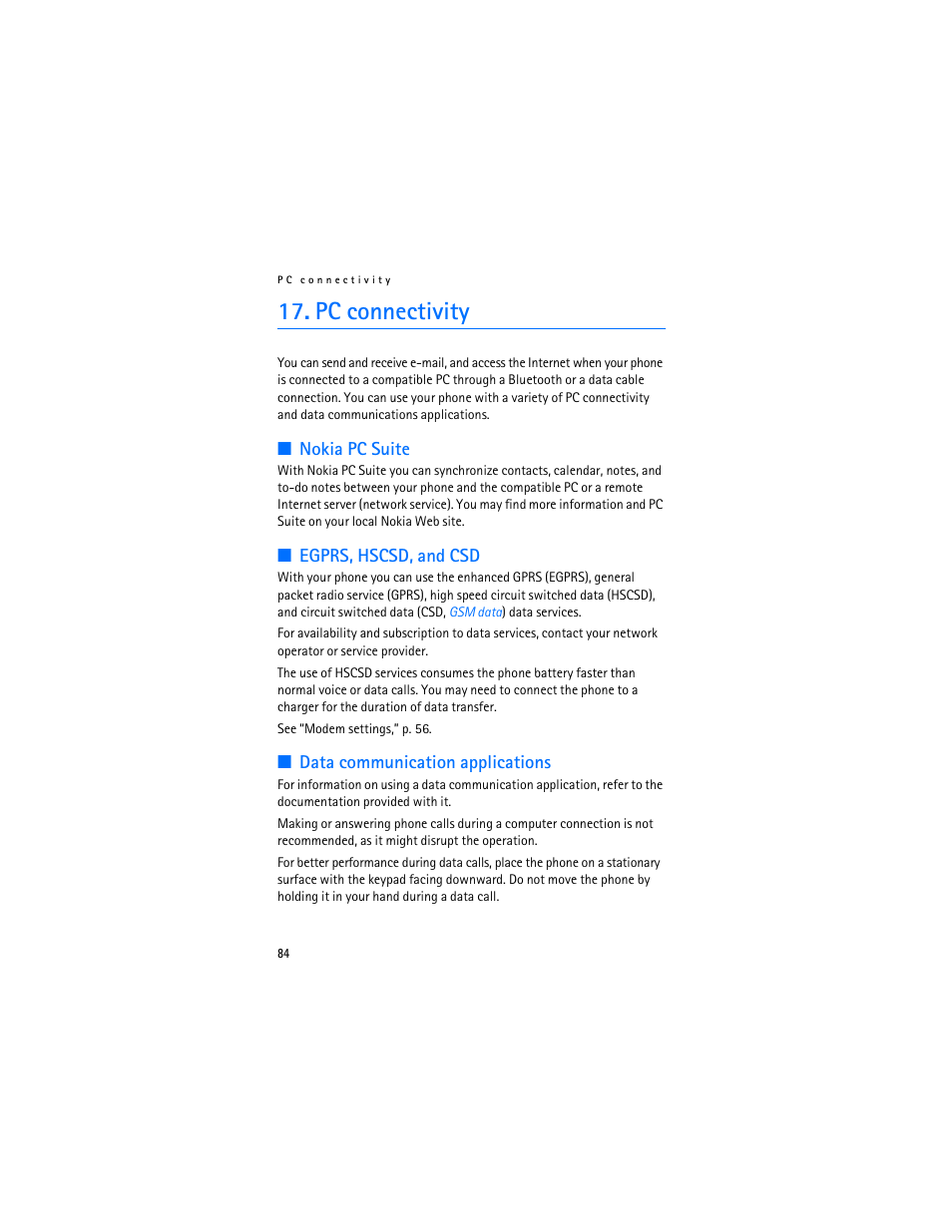 Pc connectivity, Nokia pc suite, Egprs, hscsd, and csd | Data communication applications | Nokia 7370 User Manual | Page 85 / 201