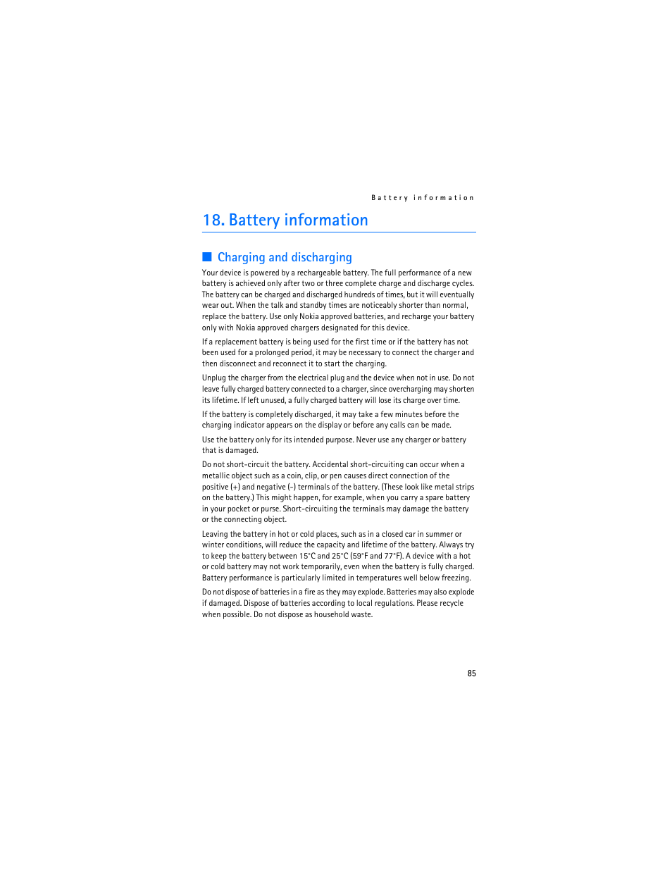 Battery information, Charging and discharging | Nokia 7370 User Manual | Page 86 / 201