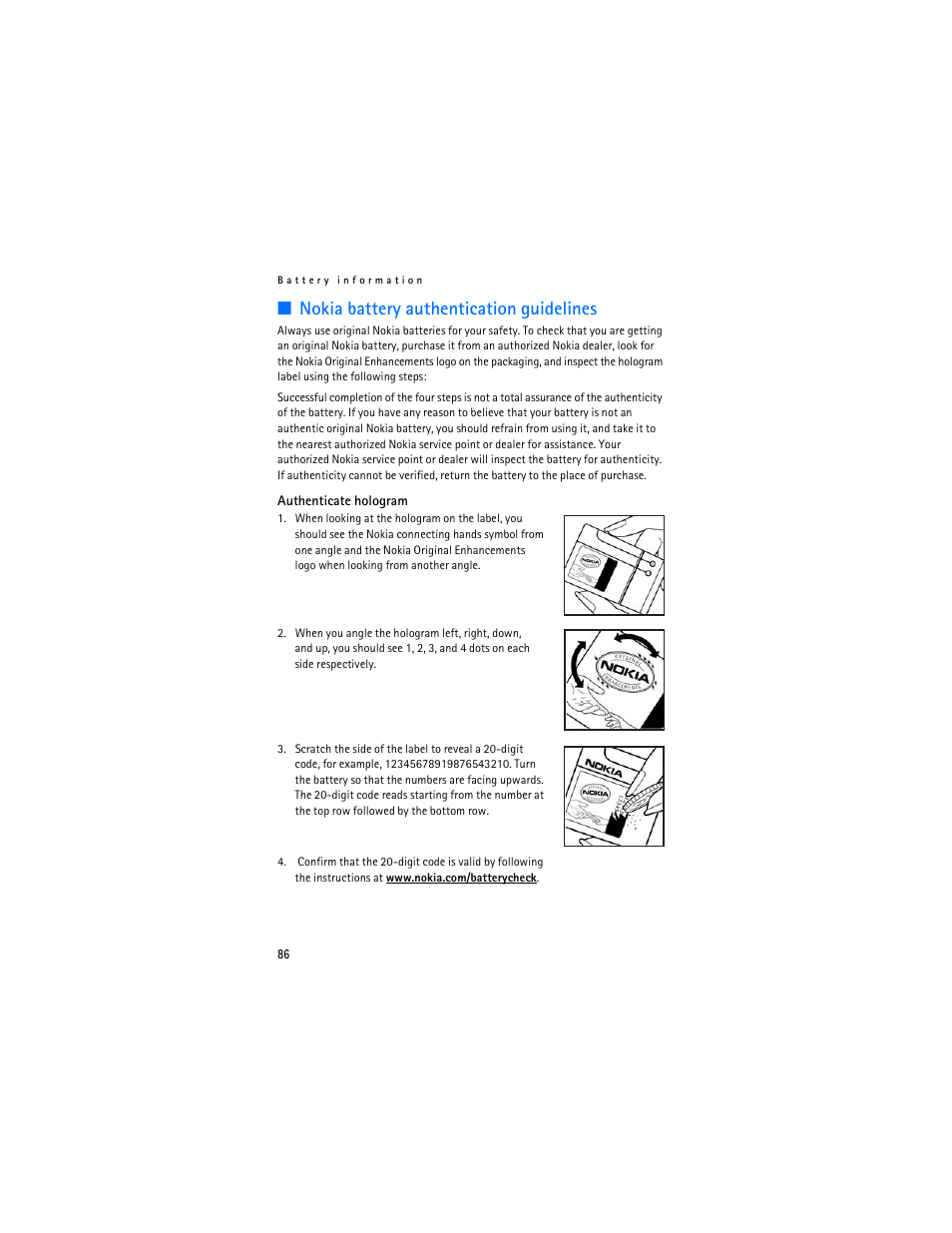 Nokia battery authentication guidelines | Nokia 7370 User Manual | Page 87 / 201