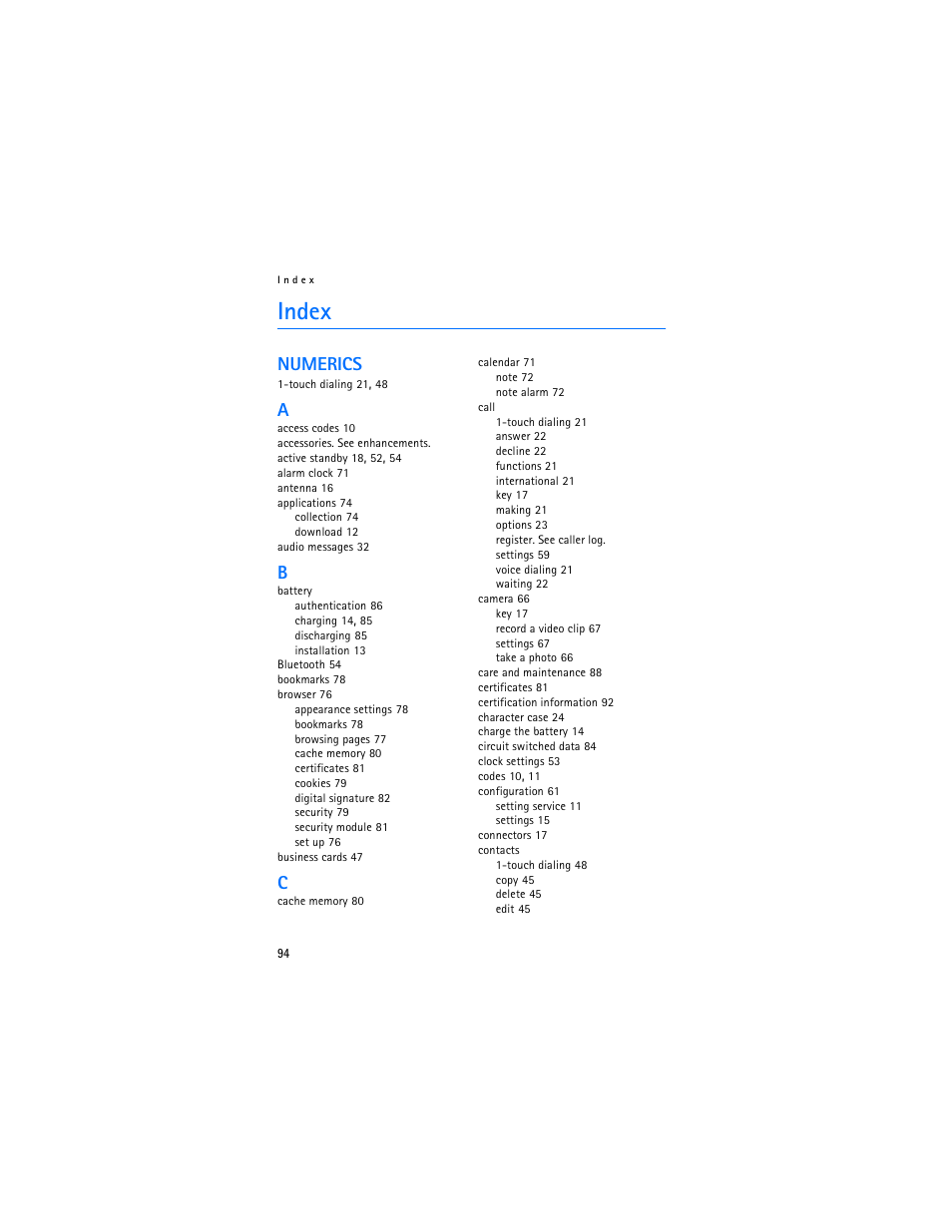 Index, Numerics | Nokia 7370 User Manual | Page 95 / 201