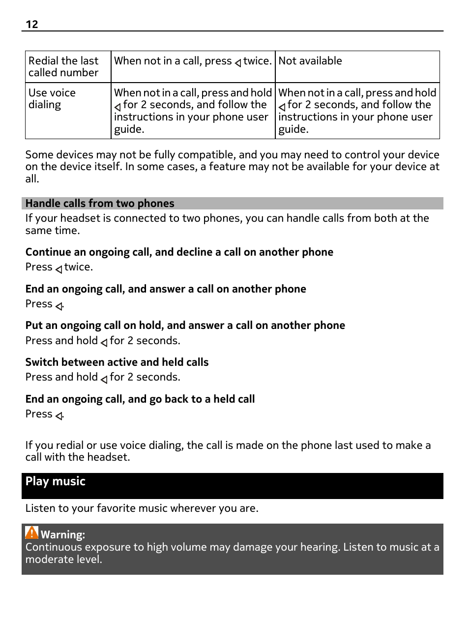 Handle calls from two phones, Play music | Nokia BH-940 User Manual | Page 12 / 17