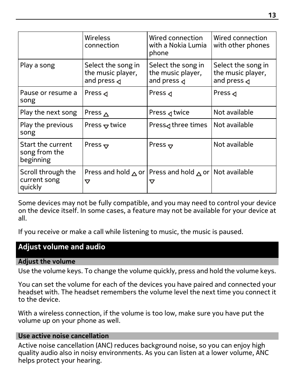 Adjust volume and audio, Adjust the volume, Use active noise cancellation | Nokia BH-940 User Manual | Page 13 / 17