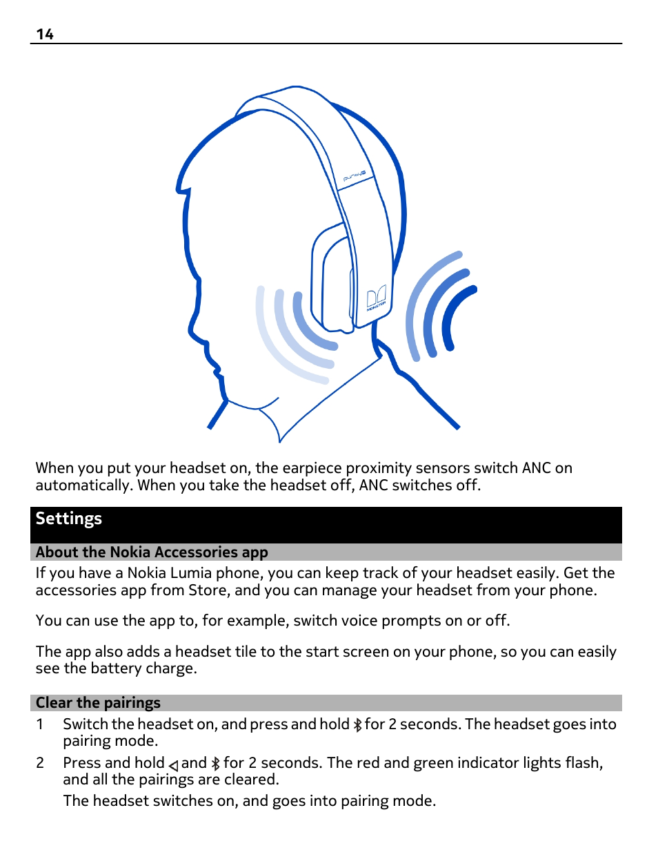 Settings, About the nokia accessories app, Clear the pairings | Nokia BH-940 User Manual | Page 14 / 17