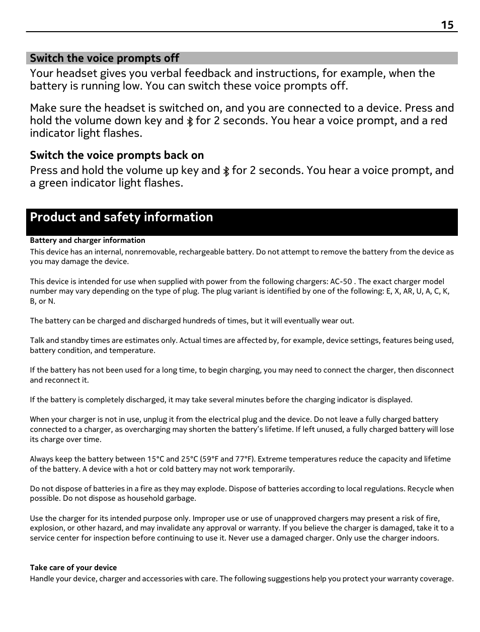 Switch the voice prompts off, Product and safety information, Battery and charger information | Take care of your device | Nokia BH-940 User Manual | Page 15 / 17