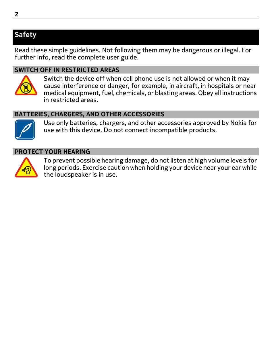 Safety, Switch off in restricted areas, Batteries, chargers, and other accessories | Protect your hearing | Nokia BH-940 User Manual | Page 2 / 17