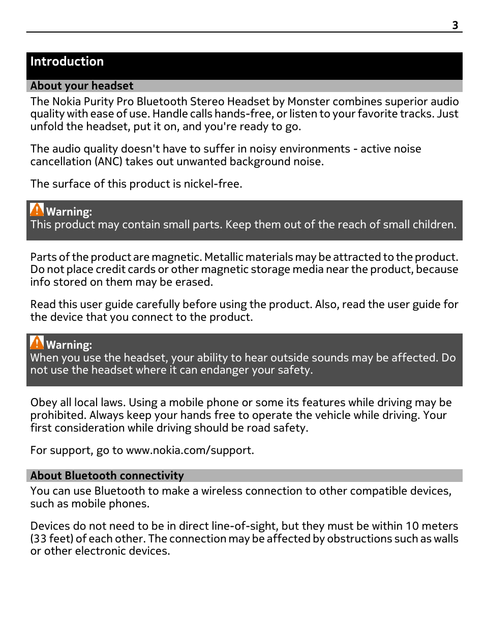 Introduction, About your headset, About bluetooth connectivity | Nokia BH-940 User Manual | Page 3 / 17