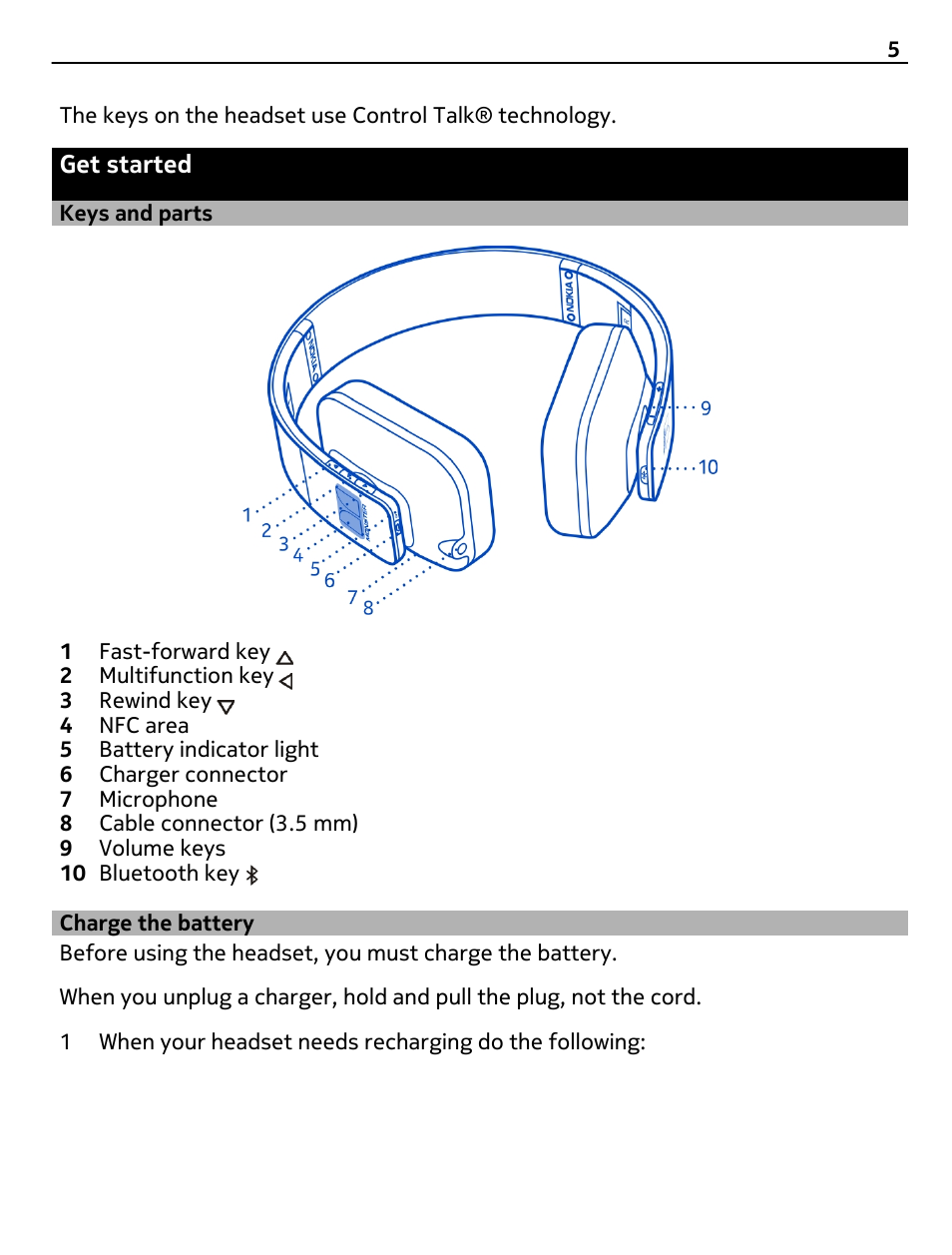 Get started, Keys and parts, Charge the battery | Nokia BH-940 User Manual | Page 5 / 17