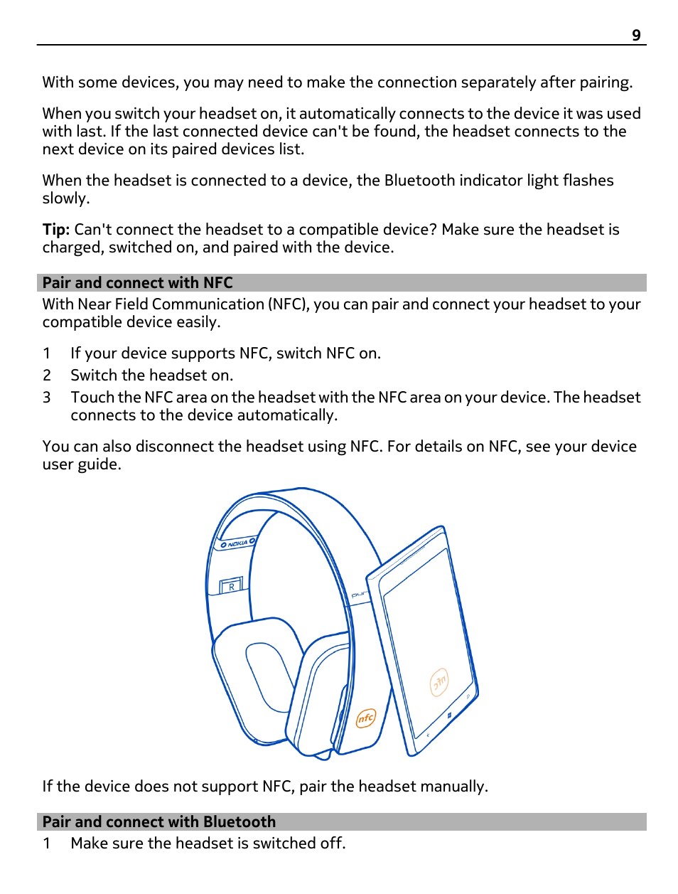 Pair and connect with nfc, Pair and connect with bluetooth | Nokia BH-940 User Manual | Page 9 / 17