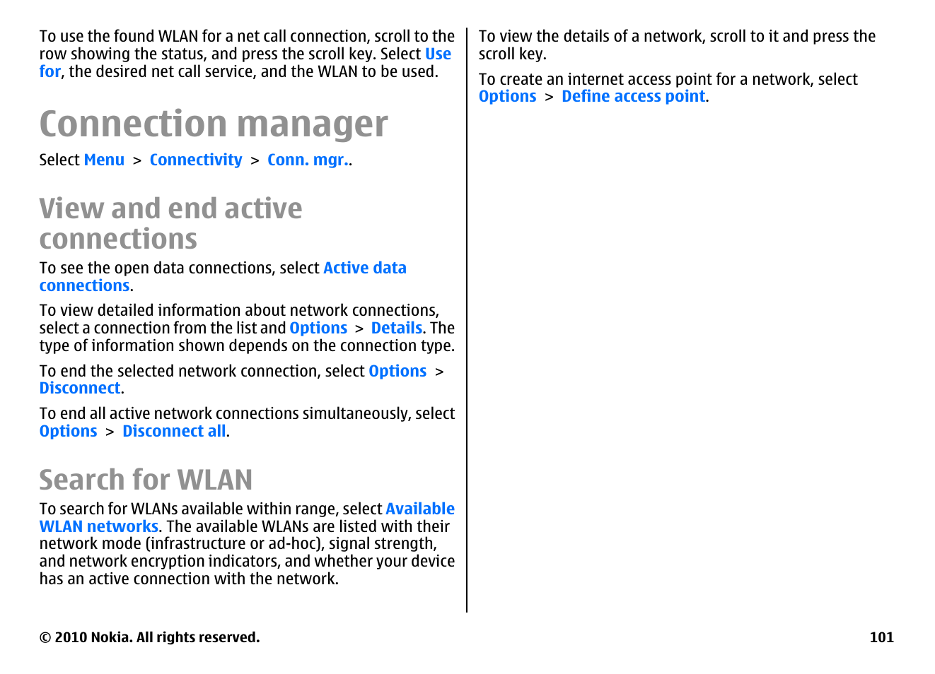 Connection manager, View and end active connections, Search for wlan | Nokia E63 User Manual | Page 101 / 143