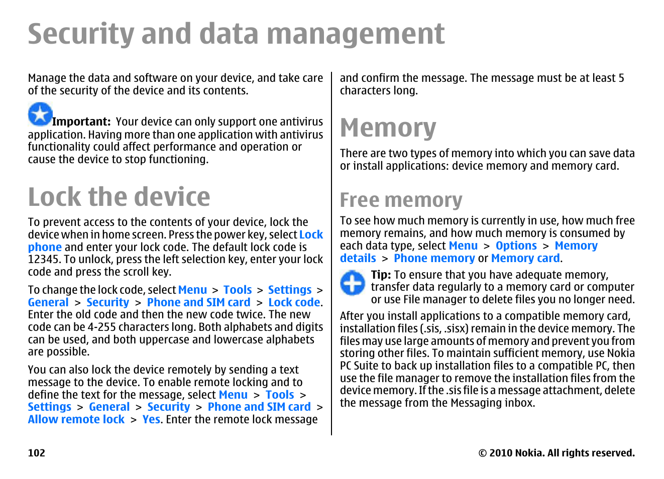 Security and data management, Lock the device, Memory | Free memory | Nokia E63 User Manual | Page 102 / 143