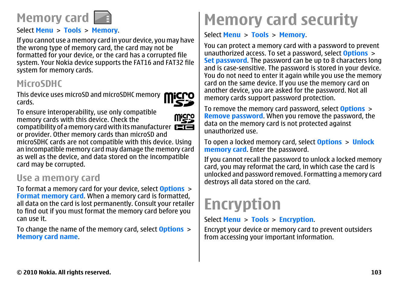 Memory card, Microsdhc, Use a memory card | Memory card security, Encryption | Nokia E63 User Manual | Page 103 / 143