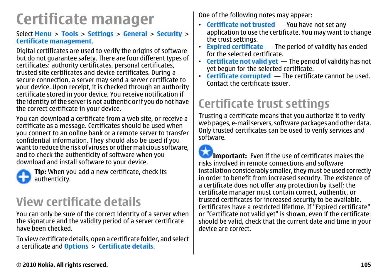 Certificate manager, View certificate details, Certificate trust settings | Nokia E63 User Manual | Page 105 / 143